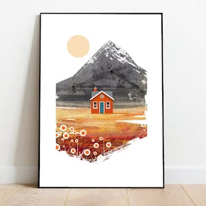 Orange Scandinavian cabin in the mountains, retro midcentury 1960s scandi Illustration print/poster Architecture print image 1