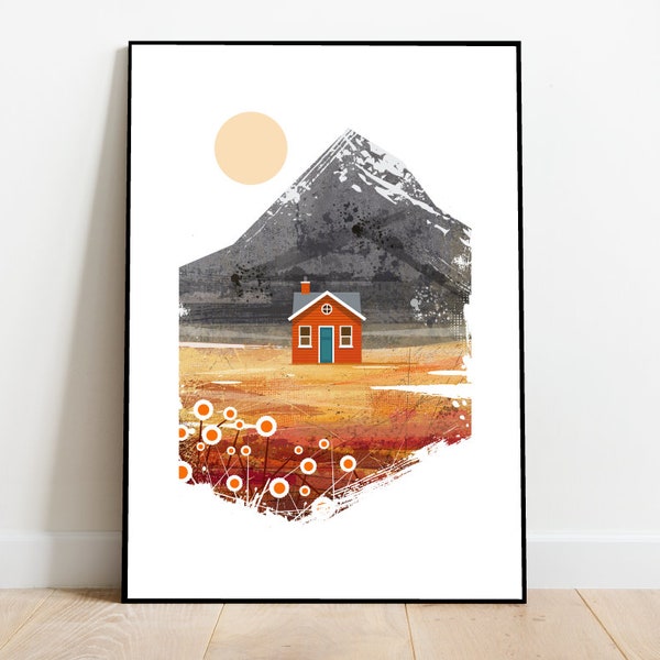 Orange Scandinavian cabin in the mountains, retro midcentury 1960s scandi Illustration print/poster - Architecture print