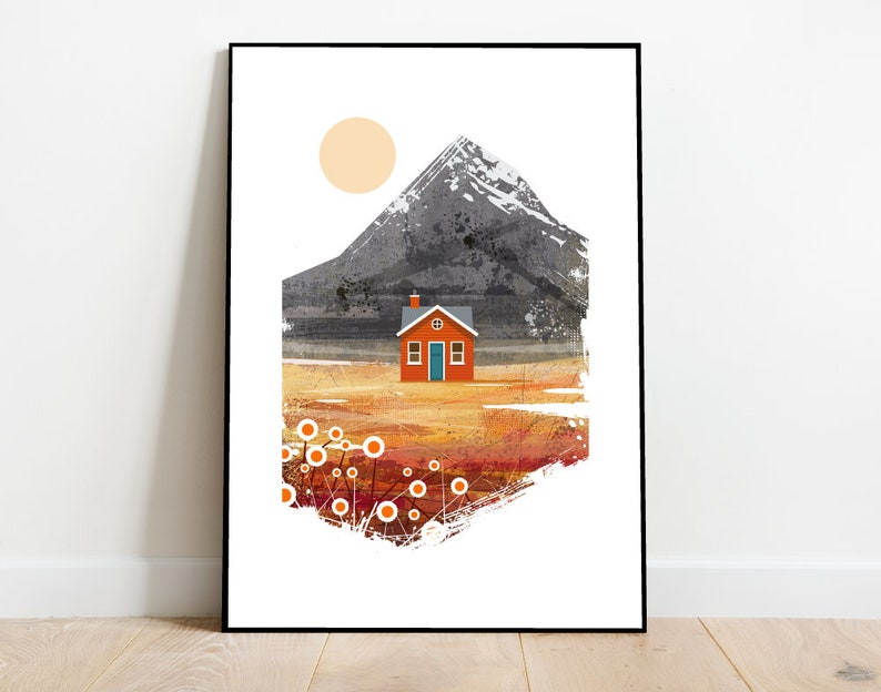 Orange Scandinavian cabin in the mountains, retro midcentury 1960s scandi Illustration print/poster Architecture print image 1