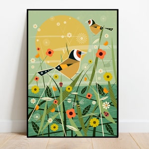 Goldfinch in a summer meadow, retro midcentury 1960s Illustration print/poster - bird poster - nature print