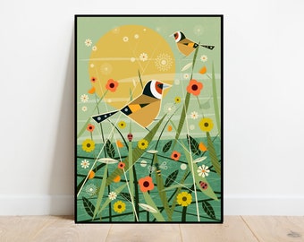 Goldfinch in a summer meadow, retro midcentury 1960s Illustration print/poster - bird poster - nature print