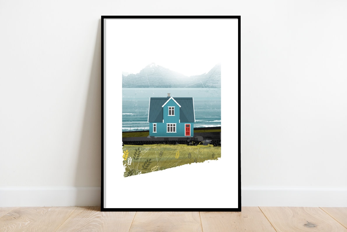 Blue Scandinavian cabin by the sea print - retro midcentury 1960s - scandi Illustration print/poster - Architecture print
