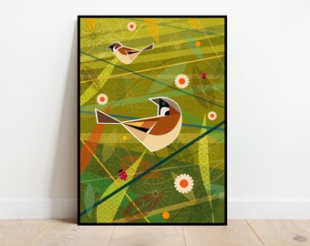 Sparrows in the garden, retro midcentury 1960s Illustration print/poster - bird poster - nature print