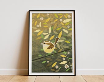 Carolina Wren Art Print: Retro Mid-Century Bird Illustration
