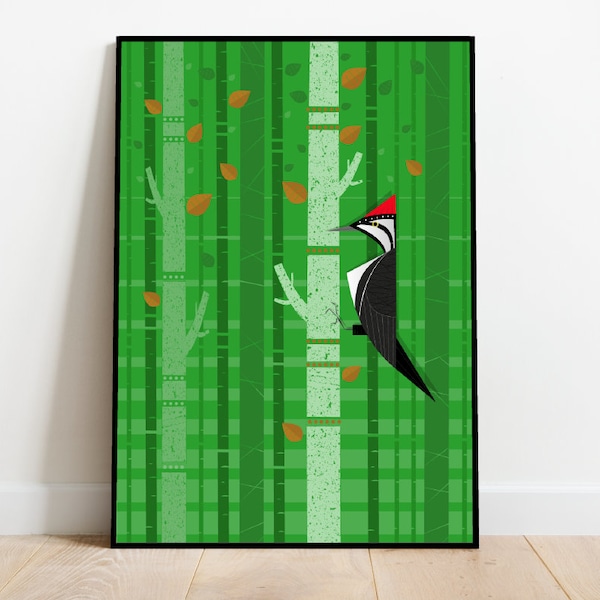 Specht in den Bäumen, Retro Mid-Century 1960er Jahre Illustrationsdruck/Poster – Naturdruck Vogelillustration – Scandi-Kunstwerk – Wald