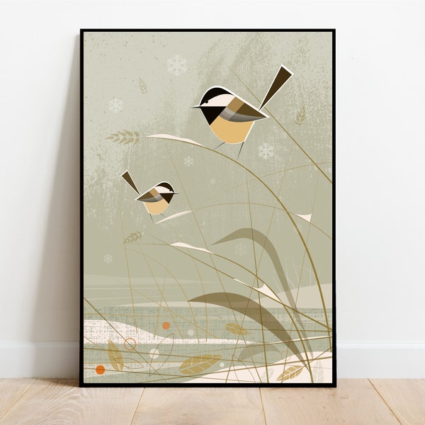 Chickadees in the snow, retro midcentury 1960s Illustration print/poster - bird poster - nature print