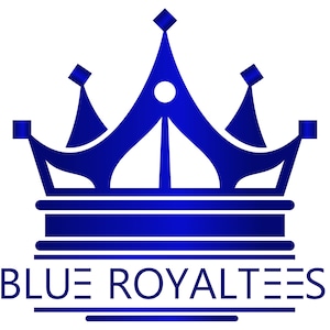 May include: A graphic logo featuring a stylized royal crown in a vibrant blue gradient. The crown has five points topped with small squares and a central circle. Below the crown, the text BLUE ROYALTEES is written in a bold, dark blue font.