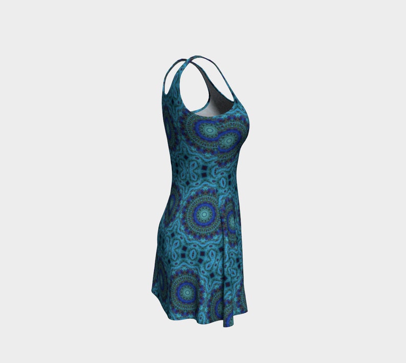 mandala wearable art sleeveless,bold Flare dress soft night out dress pour art Ocean Dreams design 4a Acrylic paint print blue