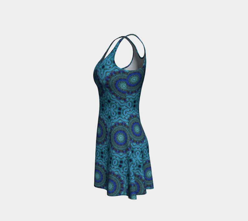 mandala wearable art sleeveless,bold Flare dress soft night out dress pour art Ocean Dreams design 4a Acrylic paint print blue