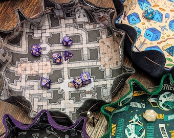 Felt Dice Bag / Tray-in-one! 63 Geeky fabric choices - dice set INCLUDED - unique gamer gift - D&D - Magic the Gathering - Tabletop gamer