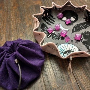 Felt Dice Bag / Tray-in-one! 61 Mystical / Horror / Fall choices - Dice set INCLUDED! - gamer gift - new players - dice goblin - DM gift