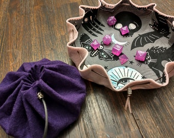 Felt Dice Bag / Tray-in-one! 61 Mystical / Horror / Fall choices - Dice set INCLUDED! - gamer gift - new players - dice goblin - DM gift