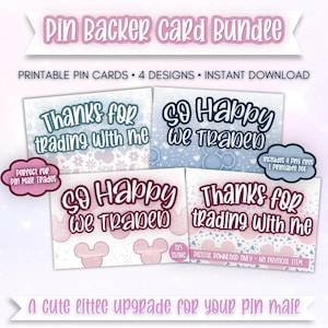 Könnte beinhalten: Ein digitales Download-Bundle von Pin-Backer-Karten mit vier Designs. Die Karten zeigen Sätze wie "Danke für den Tausch mit mir" und "So Happy We Traded". Das Design umfasst Pastellfarben und Mickey Mouse-förmige Symbole. Der Text "Pin Backer Card Bundle" steht oben.
