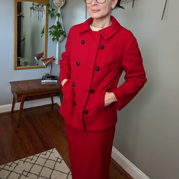 Vintage 1950's/60's Bright Red Coat Skirt and Pant Set by Woodward and Lothrop Washington DC & Damselle New York