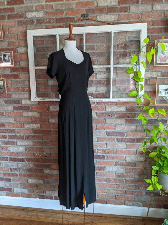 Vintage 1930's Long Black Crepe Short Sleeve Dress
