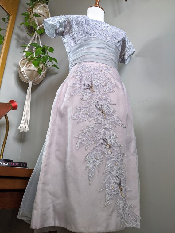 Vintage 1950's Ice Blue and Lavendar Lace and Chi… - image 4