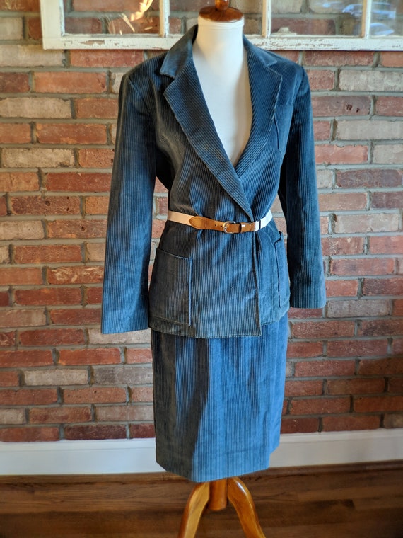 Vintage 1970s/80's Blue Corduroy Skirt & Blazer S… - image 3