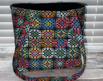Knitting Bag, Crochet bag, Granny Square THIS IS CANVAS, Afghan Bag, with pocket on front, Reversible, 12x15 Black Dot fabric lining