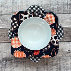 Plaid Fall Pumpkin Microwave Bowl Cozies, reversible, set of 2, cotton, hot cold bowl holder, Pumpkins, Autumn, Thanksgiving