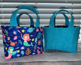 Mermaid Tote Bag, Kids Purse, Reversible, Sea Creatures, Ocean, Little Mermaid, Aquatic, Sea Horse, Beach, Treat bag, Kids tote, toddler bag
