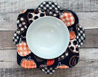 Plaid Fall Pumpkin Microwave Bowl Cozies, reversible, set of 2, cotton, hot cold bowl holder, Pumpkins, Autumn, Thanksgiving