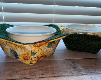 Sunflower Bowl Cozies, Fall Bowl Cozy, reversible, set of 2, microwave bowl cozy, cotton, hot or cold bowl holder, Soup Bowl Warmer