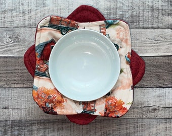 Fall Barn Microwave Bowl Cozies, reversible, set of 2, cotton, hot cold bowl holder, Fall, Autumn, Thanksgiving, Blue Truck, Red Barn