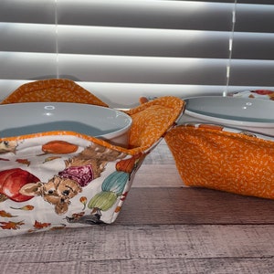 Dog and Pumpkin Bowl Cozies, reversible, set of 2, microwave bowl cozy, cotton, hot or cold bowl holder, Fall, Autumn Leaves, Fall Dog