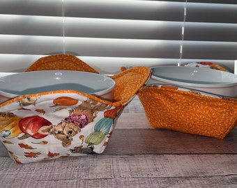 Dog and Pumpkin Bowl Cozies, reversible, set of 2, microwave bowl cozy, cotton, hot or cold bowl holder, Fall, Autumn Leaves, Fall Dog