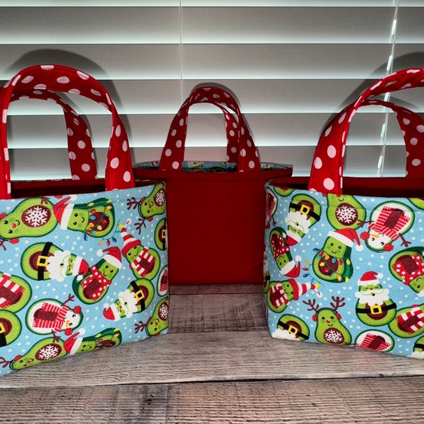 Christmas Avocado Tote Bag, Christmas Gift Bag, KidsTote Bag, Reversible, Snowman, Reindeer, Santa Treat Bag 10x6, Reusable Fabric Gift Bag