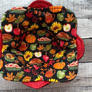 Fall Foods Bowl Cozies, Pumpkin, Pumpkin Latte, reversible, set of 2, microwave bowl cozy, cotton, hot or cold bowl holder, Apple pie, Acorn