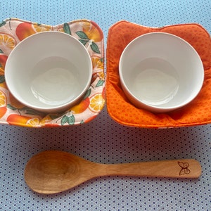 Bowl Cozies Orange + orange dots, reversible, set of 2, microwave bowl cozy, cotton, hot or cold bowl holder