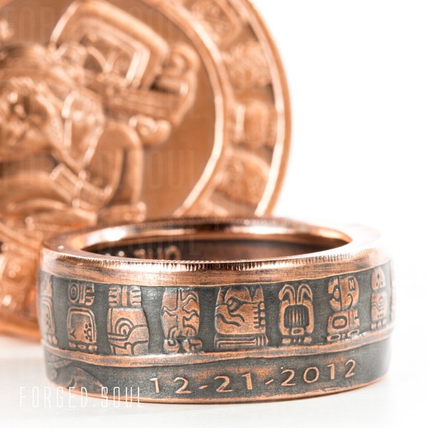 Mayan Calendar Handcrafted Ring From 1 oz .999 Fine Copper Round (Patina Finish)