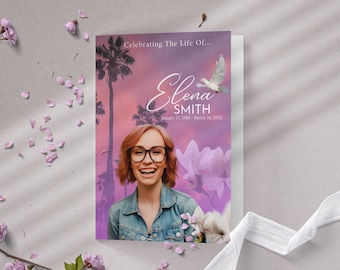 Palm Trees Funeral Program: Pink Celebration of Life (Digital Download, Canva Template)