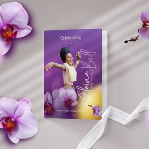 17x11 Large Bifold Purple Floral Funeral Program Celebration of Life Memorial Keepsake Digital Download Canva Template image 1