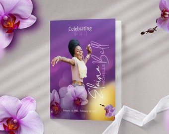 17"x11" Large Bifold | Purple Floral Funeral Program | Celebration of Life | Memorial Keepsake | Digital Download | Canva Template