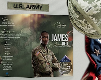 8.5x11" Small Bifold | Salute To Service- Army Funeral Program | Celebration of Life | Memorial Keepsake | Digital Download | Canva Template