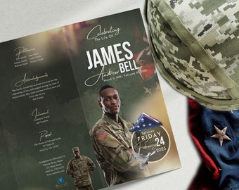 Army Funeral Program Template: Military Veteran Celebration of Life (11x17 Trifold Canva Template)
