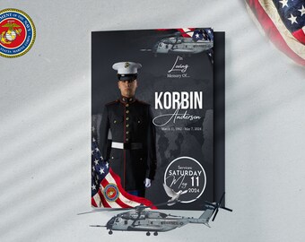 17"x11" Large Bifold | Salute To Service - Marines Funeral Program | Celebration of Life | Memorial | Digital Download | Canva Template