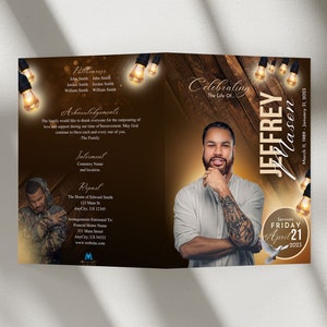 Plantilla de programa funerario con vetas de madera: 8,5 x 11, plegable, Celebración de la vida (Descarga digital)