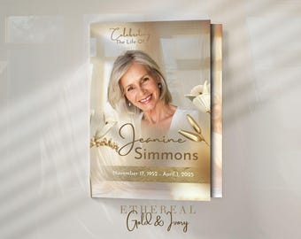 Gold & Ivory Funeral Program Template: Canva Editable Bifold (11x8.5) (PDF Download)