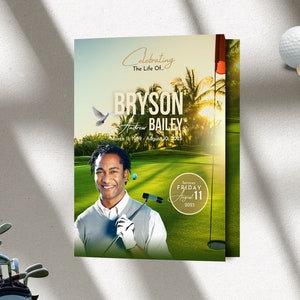 May include: A green and brown golf course with a white golf ball and tee. A man in a white shirt and a brown sweater is holding a golf club. The text "Celebrating The Life Of... Bryson Andrew Bailey March 11, 1989 - August 30, 2023 Services FRIDAY August 11 2023" is on the image.