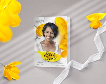 Yellow Floral Funeral Program Template: Large Bifold Memorial (Digital Download)