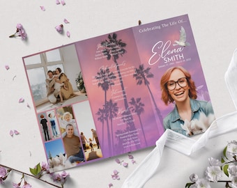 Palm Trees Funeral Program: Celebration of Life, Pink (Digital Download)