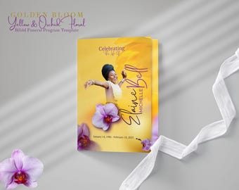 Golden Bloom 8.5x11 Small Bifold Funeral Program Template - Elegant Orchid Memorial Design