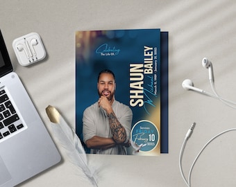 Mystic Blue Funeral Program: Large Bifold Memorial Template (Digital Download)