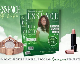 Green Essence of Life Funeral Program: 8-Page Canva Template (Digital Download)