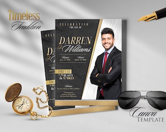 Timeless Tradition Funeral Program: Black & Gold Canva Template (Digital Download)