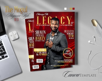 Red Mogul Funeral Program Template: 8-Page Magazine Style Obituary (Canva Editable, 17x11, Digital Download