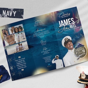 May include: A blue and white folded funeral program with a photo of a man in a navy uniform. The program is decorated with stars and the text "Celebrating The Life Of James Andrew Bell".